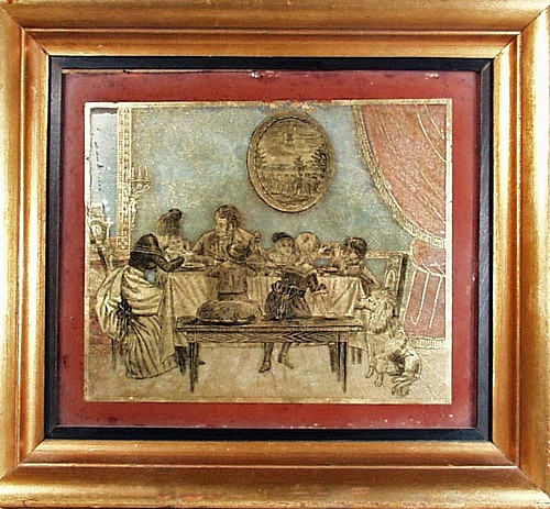 Inventory: Ã‰glomisÃ© Glass Painting of a Family at Their Dinner Table, Signed Fihser, Circa 1830-50, $1,950