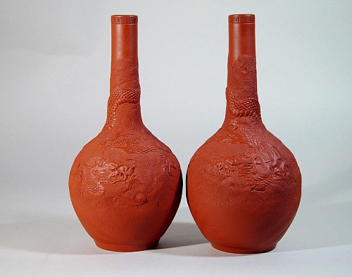 Inventory:  Japanese Porcelain, Japanese Red Stoneware Potttery Bottle Vases, Early 20th Century, $750