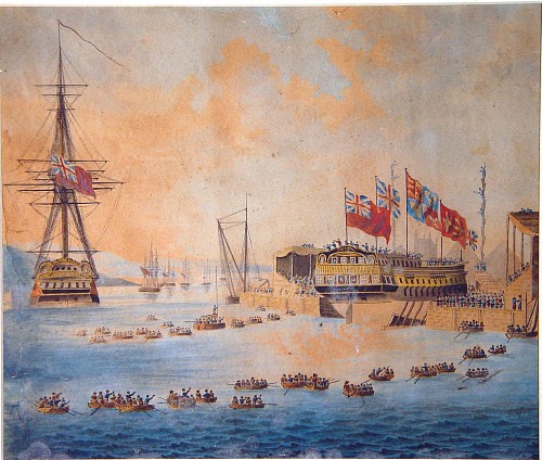 Inventory:  Watercolour Painting, Watercolour Drawing of a Royal Launching of a Royal Navy Ship, Circa 1820-50., $1,800