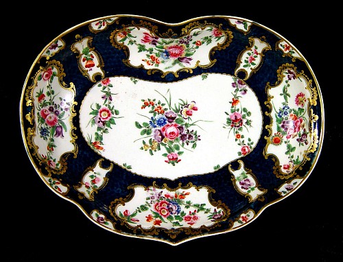 Inventory:  First Period Worcester Porcelain, First Period Worcester Porcelain Botanical Blue Scale Kidney-Shaped Dish, Circa 1770, $3,800