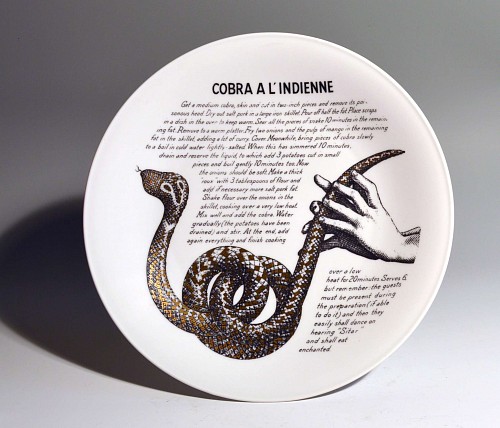 Inventory:  Piero Fornasetti, Piero Fornasetti Fleming Joffe Porcelain Recipe Plate- Cobra A L'Indienne, 1960s, $650