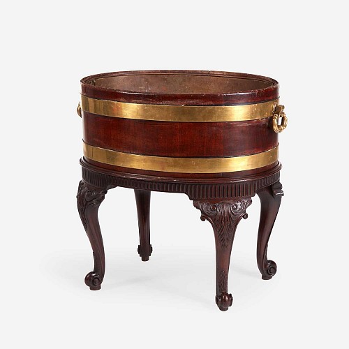 Inventory:  English Furniture, George III Brass Bound Mahogany Wine Cooler or Cellaret With Liner and Carved Stand, 1765-75, $9,500