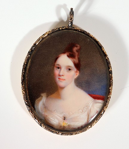 Inventory:  Portrait Miniature, American Portrait Miniature Portrait of a Woman in a White Gown, Signed T.S. Officer, Pinxt, for Thomas Story Officer, 1830s, $9,000