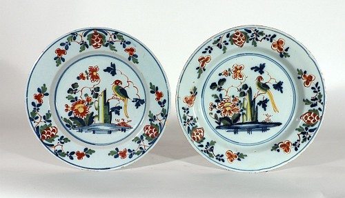 Inventory:  Lambeth Delftware, Lambeth London Delftware Polychrome Chinoiserie Plates decorated with Parrots, 1765, $1,500