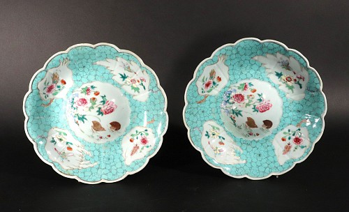 Chinese Export Porcelain Yongzheng Chinese Export Porcelain Pair of Circular Famille Rose Dishes with Quail and a Turquoise Ground, 1725-30 SOLD •