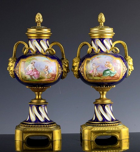 Inventory:  European Porcelain, French Serves-style Porcelain & Gilt Bronze Cassolettes Urns, 1880-1900, $3,750