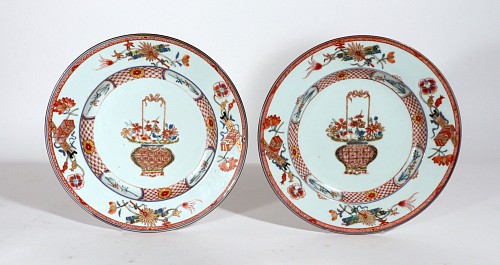 Inventory:  Chinese Export Porcelain, Chinese Export Porcelain Famille Rose-Verte Plates Painted with A Flower Basket, Yongzheng (1723-1735), $1,500