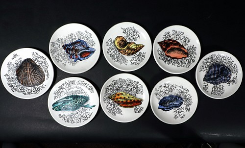 Inventory:  Mid-century Modern, Mid-century Modern Ceramic Coasters decorated with Sea Shells, Possibly Bucciarelli, 1960s-70s, $895