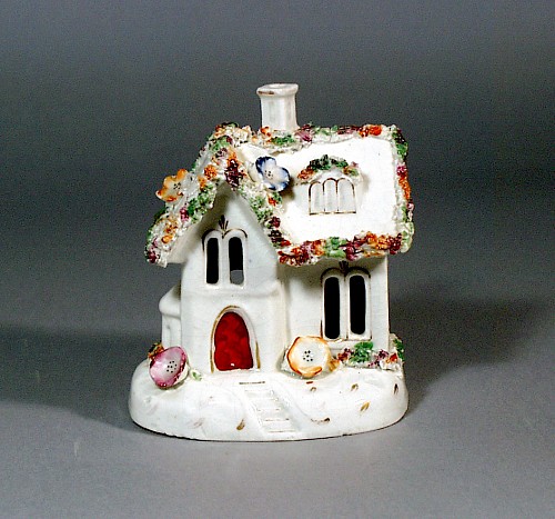 Inventory:  Staffordshire, Antique Staffordshire Pottery Pastille Burner in form of Cottage, 1835-40, $150