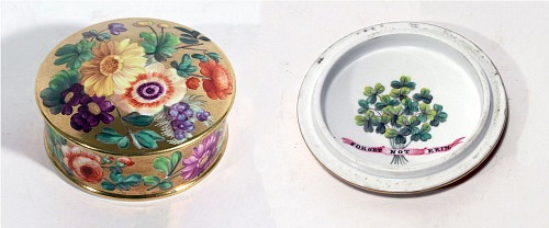 Inventory:  Coalport Factory, Coalport London-decorated Porcelain Gold-ground Botanical Patch Box with Irish related Motto- ""Forget Not Erin"", 1825-30, $1,500