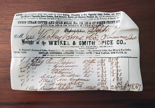 Inventory:  Piero Fornasetti, Piero Fornasetti Ashtray of A Bill of sale from the Weikel & Smith Spice Company, Philadelphia, 1960, $600