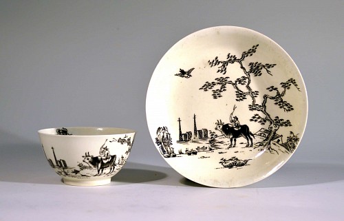 Inventory:  British Porcelain, First Period Worcester Porcelain Pencilled decoration with Boy on a Buffalo Pattern, 1755-56, SOLD •