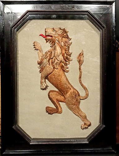 Inventory:  British Textile, English Heraldic Embroidered Silkwork Picture of a Rampant Lion, 1830, SOLD •