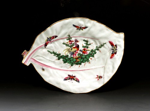 Inventory:  First Period Worcester Porcelain, First Period Worcester Porcelain Fancy Bird-decorated Leaf Dish, 1770, $2,500