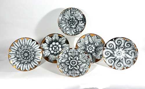 Inventory:  Piero Fornasetti, Vintage Set of Six Piero Fornasetti Porcelain Rosoni Pattern Plates Depicting Rosettes, 1980s, $4,500