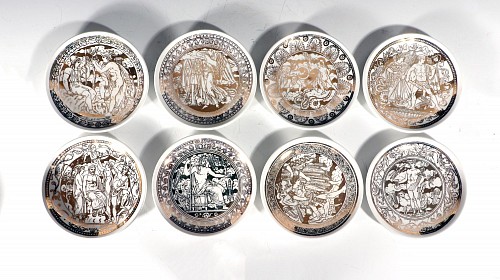Inventory:  Piero Fornasetti, Piero Fornasetti Ceramic Complete Set of Neo-classical Mythological Gold Coasters- Mitologia Pattern, 1950s, $850