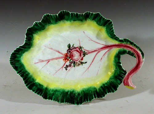 Chelsea Factory Mid-18th Century Chelsea Porcelain Tromp L'oeil Leaf Dish with Flowers, 1755 SOLD •
