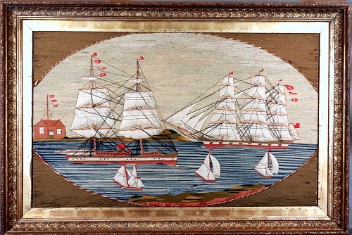 Inventory:  Sailor's Woolwork, British Sailor's Woolwork with Five Ships in a Bay, 1875, SOLD •