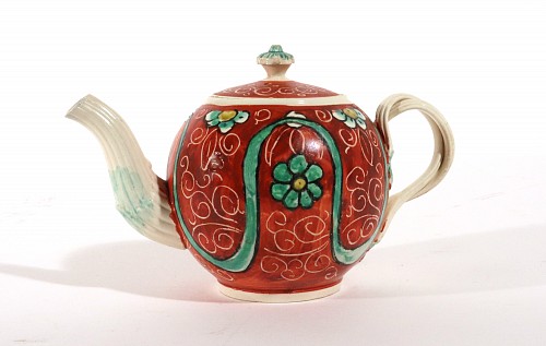 Inventory:  Creamware Pottery, English Painted Orange-ground Creamware Teapot and Cover, 1780, SOLD •