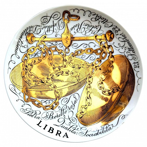 Inventory:  Piero Fornasetti, Astrological Sign Libra- Vintage Piero Fornasetti Porcelain Zodiac Plate, 1970, SOLD •