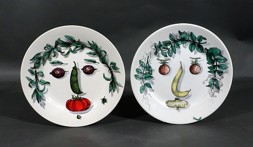 Piero Fornasetti Piero Fornasetti Pottery Arcimboldesca Vegetable Face Plates, After Giuseppe Arcimboldo- A Pair, 1950s SOLD •