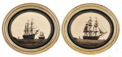 English Framed Nautical Silhouette on Glass of HMS Victory and The Hogue and HMS Royal Albert, Mid 19th Century SOLD •