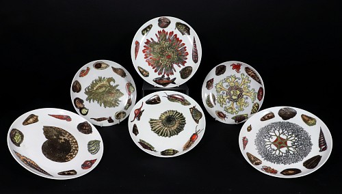 Piero Fornasetti Vintage Piero Fornasetti Conchiglie Porcelain Dinner Plates, A Set of Six, 1960s-70s SOLD •