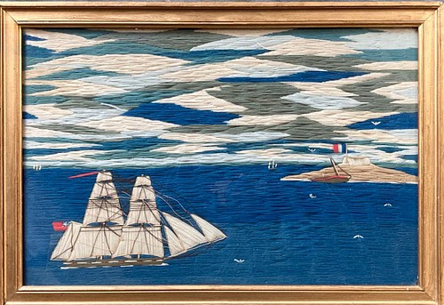 Sailor's Woolwork British Sailor's Woolwork of Ship Near French Island, 1875 SOLD •