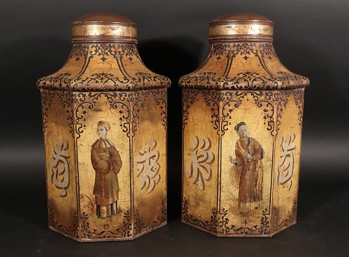 Inventory:  British Furniture, Chinoiserie TÃ´le Large Tea Canisters with Chinese Figures and a Chocolate Brown ground, 1840-80, $4,250