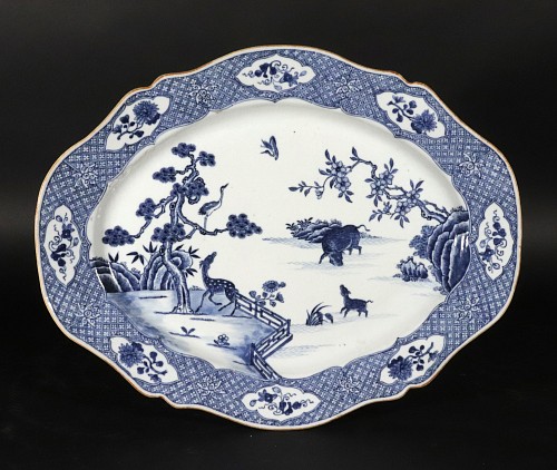 Inventory:  Chinese Export Porcelain, Chinese Export Blue & White Porcelain Shaped Dish with Buffalo and Deer, 1770, $3,500
