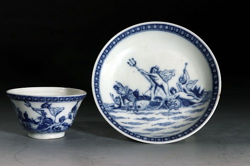 Chinese Export Porcelain Chinese Export Porcelain European-subject Blue & White Tea Bowl and Saucer, Neptune, The God of The Sea, 1730-35 SOLD •