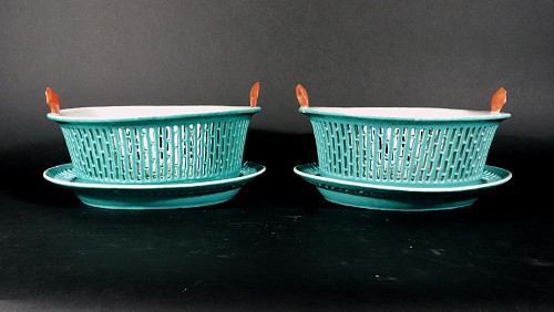 Inventory:  Chinese Export Porcelain, Chinese Export Porcelain Rare Turquoise Fruit Baskets & Stands- a Pair, 1785, $5,500