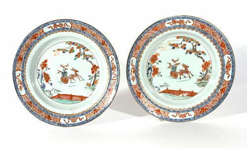 Inventory:  Chinese Export Porcelain, Chinese Export Porcelain Verte Imari Soup Plates with Deer in Garden, Late Kangxi to Yongzheng, $1,500