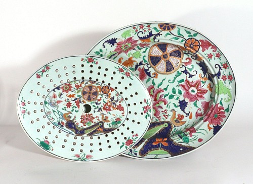 Chinese Export Porcelain Chinese Export Porcelain Pseudo Tobacco Leaf With Ducks Large Dish and Drainer, 1765-75 SOLD •