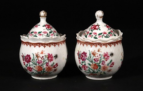 Chinese Export Porcelain Chinese Export Porcelain Famille Rose Pot De Cremes and Covers, A Pair, 1775 SOLD •