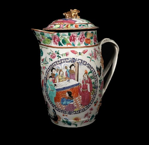Inventory:  Chinese Export Porcelain, Chinese Export Porcelain Covered Rose Mandarin Cider Jug, 1810-25, $2,500