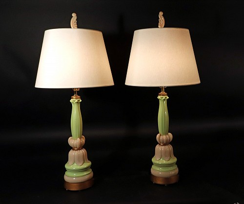 Inventory:  Vintage, American Aladdin Alacite Glass Lotus Flower-inspired Lamps, 1940, $950