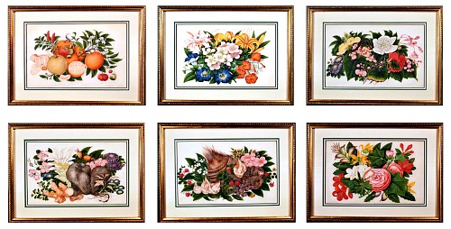China Trade China Trade Set of Six Gouache Still Life of Fruit & Flowers on Pith Paper, Each Signed Sunqua on a Leaf, 1860 $6,500
