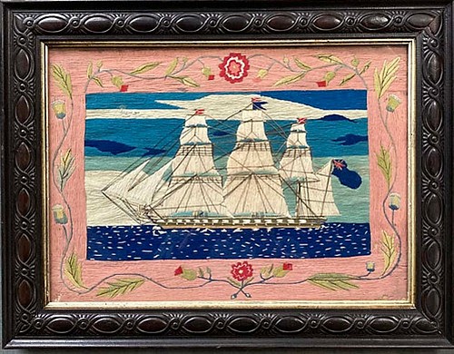 Sailor's Woolwork English Sailor's Woolwork Picture of a Port Side View of a Royal Navy Frigate With Floral Surround, 1865 $10,000