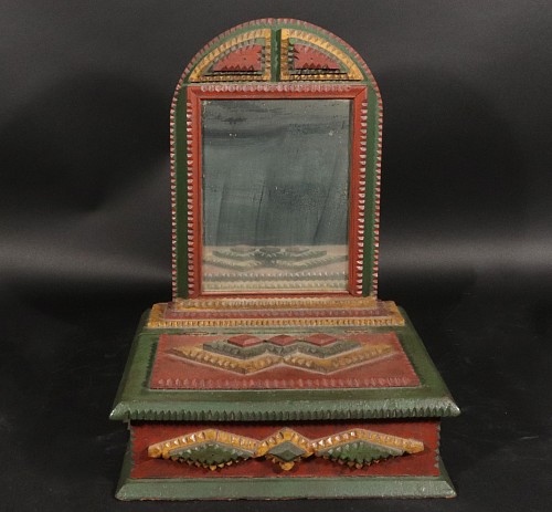 Tramp Art American Folk Art Painted Tramp Art Shaving Mirror and Base, 1920 $750