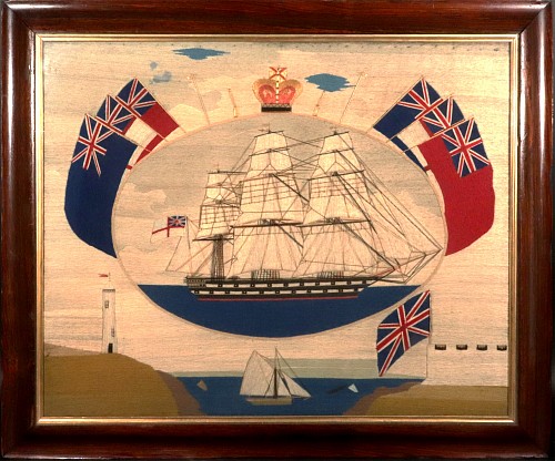Inventory:  Sailor's Woolwork, British Sailor's Woolwork of Second Rate Royal Navy Ship with Flag Surround, 1870-75, $4,250