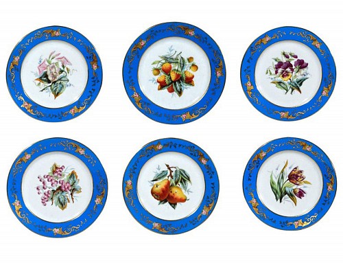 Inventory:  Paris Porcelain, Dessert Paris Porcelain Botanical & Fruit-decorated Set of Six Plates, Circa 1850, SOLD •