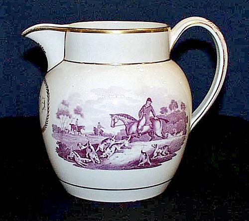 Pearlware Antique English Wedgwood Pottery Pearlware Fox Hunting Jug, Circa 1810-20 SOLD •