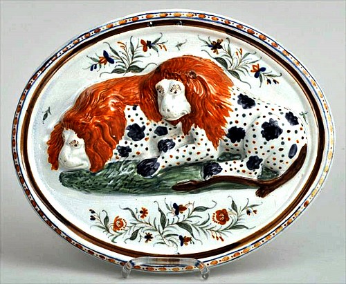 Inventory:  Pearlware, Antique English Pearlware Pottery Relief-moulded Prattware Plaque of Lions, 1800-40, $1,850