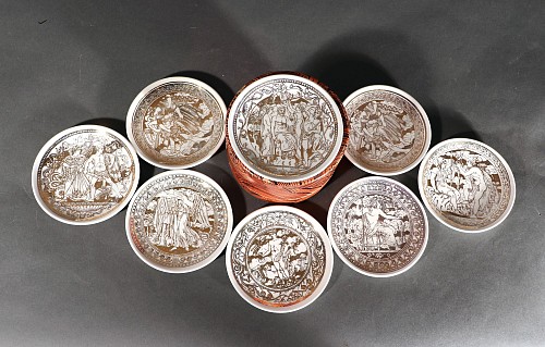 Piero Fornasetti Piero Fornasetti Ceramic Set of Neo-classical Gold Coasters, Mitologia Pattern, Mythology Pattern, 1950s SOLD •