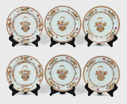 Chinese Export Porcelain Chinese Export Porcelain Rose Verte Plates Painted with Flower Baskets,
Yongzheng Period (1723-1735), 1723-30 $3,750