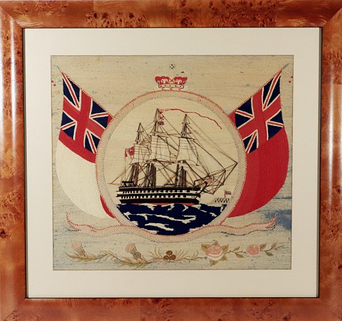 Inventory:  Sailor's Woolwork, British Sailor's Woolwork of HMS Victor Emanuel with Red and White Ensign Border, 1875, $5,500
