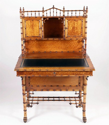 American Furniture American Bamboo and Birch Satinwood Secretary Desk, Attributed to R. J. Horner & Company, New York City, Circa 1885 SOLD •