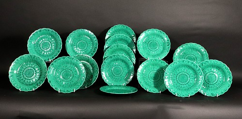 Inventory:  Wedgwood Pottery, Wedgwood Pottery Green Majolica Sunflower Plates (15), 1860s, $3,000