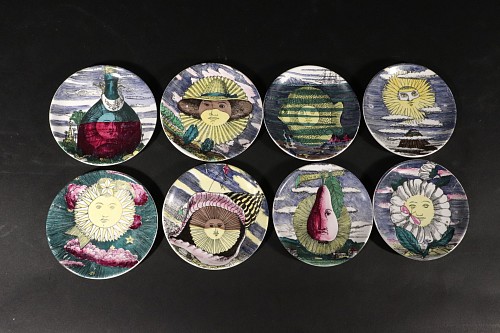 Inventory:  Piero Fornasetti, Piero Fornasetti Surreal Sun-Motif Ceramic Complete Set of Coasters, "12 Mesi, 12 Soli" design, 1960s, $1,350